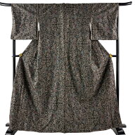 【美品】 大島紬 身丈164.5cm 裄丈67.5cm L 袷 やまと 証紙あり 草花 純泥染 焦茶色 正絹 秀品 【中古】