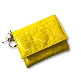 【中古】 lady Dior ロータスウォレット カナージュ パテント カーフスキン 三つ折り財布