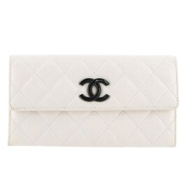 シャネル CHANEL ロングウォレット ファスナー長財布 キャビアスキン 白 ブラック金具 財布 【中古】