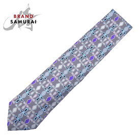 美品 Emilio Pucci エミリオ プッチ 総柄 グレー パープル ライトブルー シルク ネクタイ 剣先9.5cm 404985 【中古】