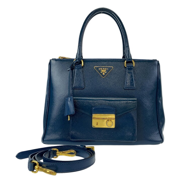 PRADA ハンドバッグ 青 サフィアーノレザー 三角プレート