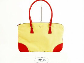 プラダ PRADA キャンバス×レザー ハンドバッグ ショルダーバッグ ベージュ×赤 メンズ レディース【中古】