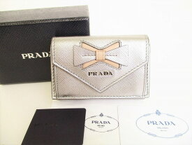 【未使用保管品】 プラダ PRADA リボン付 サフィアーノ レザー 3つ折り 財布 コンパクト財布 シルバー 【中古】