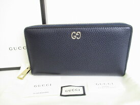 【展示保管品】 グッチ GUCCI GG メタル レザー ラウンドファスナ― 長財布 メンズ レディース ネイビー 【中古】