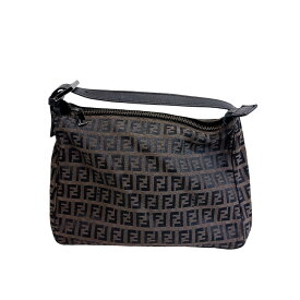 FENDI フェンディ ズッキーノ 総柄 アクセサリーポーチ バニティ ハンドバッグ キャンバス レザー ブラウン ブラック シルバー金具 レディース