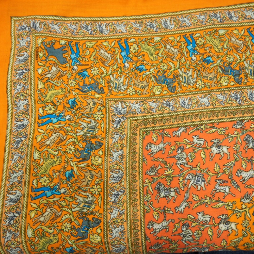 HERMES エルメス カレ インドの狩猟 カシミヤ スカーフ オレンジ