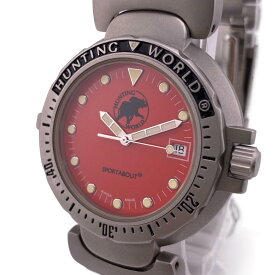 HUNTING WORLD/ハンティングワールド スポーツアバウト クォーツ QZ 赤文字盤 腕時計 シルバー メンズ