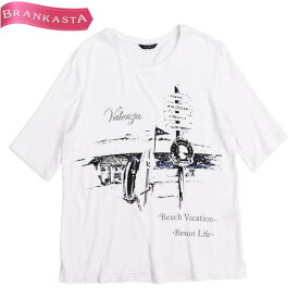 ＼期間限定セール★4/29 昼12時まで お買い物マラソン／【中古】バレンザ/VALENZA Tシャツ トップス カットソー レディース 春夏 半袖 プリント 柄 ラインストーン ロゴ ラウンドネック 白 黒 42 XL バレンザ Tシャツ★61DL26