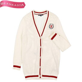 ＼通常の★70％OFF半額以下★4/29 昼12時まで お買い物マラソン／【中古】トミーヒルフィガー/TOMMY HILFIGER ロングカーディガン トップス ニット 長袖 ワッペン コットン S オフホワイト 赤 レディース 羽織り 春秋 トミーヒルフィガー カーディガン★51BI03