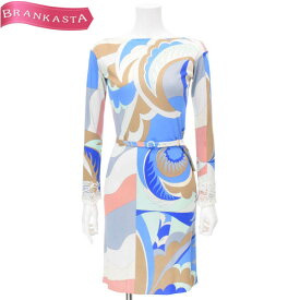 ＼4/24 9:59迄 ★40％OFFクーポン対象／【中古】[美品] エミリオプッチ/EMILIO PUCCI ワンピース レディース 春秋 ひざ丈 プッチ柄 ベルト 巾着×2付 長袖 青系 茶色 アイボリー 他 I:38 USA:4 S エミリオプッチ ワンピース★61BC91