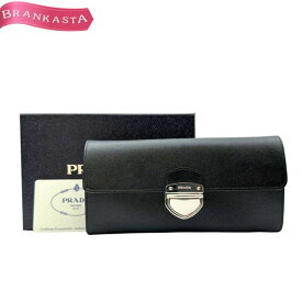 ＼通常の★10％OFF★4/29 昼12時まで お買い物マラソン／【中古】プラダ/PRADA 二つ折り長財布 ブランド レディース サフィアーノレザー 本革 ロゴ 差し込み錠 黒 シルバー金具 プラダ 長財布★66BA15