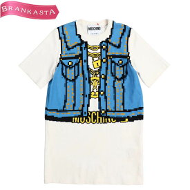 ＼期間限定セール★4/29 昼12時まで お買い物マラソン／【中古】[美品] モスキーノクチュール/MOSCHINO COUTURE Tシャツ トップス カットソー レディース 春夏 半袖 ベストプリント 柄 ロゴ 綿 オフホワイト 青 黄色 黒 I38 USA4 S～M モスキーノ Tシャツ★61DL23