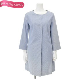 ＼4/21 23:59迄 ★20％OFFクーポン対象／【中古】ボルゴデブル/Borgo dei BLu ノーカラーコート アウター レディース 春 七分袖 ストライプ柄 ストレッチ ブルー系 白 42 L ボルゴデブル コート★61CK03