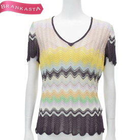 ＼6/6 23:59迄★クーポン各種発行中★期間限定セール／【中古】ミッソーニ/MISSONI ニット トップス レディース 春夏 半袖 透かし編み シェブロンストライプ柄 パープル系 ピンクベージュ系 黄色 他 44 XL ミッソーニ セーター★61EK90