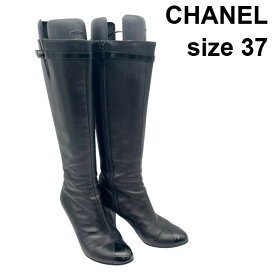 【中古】シャネル CHANEL ロングブーツ ココマーク ボタン 黒 レザー 37 23.5cm前後 レディース 6V350
