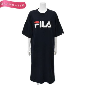 ＼5/5 23:59迄★お得なクーポン発行中★期間限定セール／【中古】[美品] フィラ/FILA Tシャツワンピース レディース 春夏 ロング 五分袖 半袖 ドロップショルダー ロゴ サイドスリット 綿100％ ネイビー O 13-5 XL フィラ ワンピース★61DL38