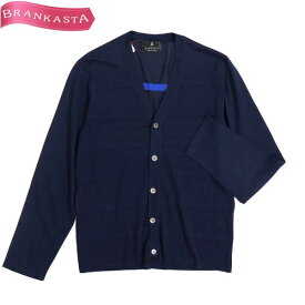 ＼期間限定セール★4/29 昼12時まで お買い物マラソン／【中古】ランバンコレクション/LANVIN COLLECTION カーディガン トップス 羽織り メンズ 春 ニット 長袖 Vネック 綿100％ ボーダー柄 紺 M ランバン カーディガン★61DD52