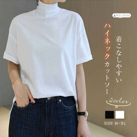 ハイネック tシャツ レディース 春夏 tシャツ 無地 半袖 カットソー プルオーバー 重ね着 tシャツ 半袖 インナー トップス ハイネック インナーtシャツ シンプル ゆったり 春 夏 着回し 定番 綿 コットン 黒 ブラック 白 ホワイト 20代 30代 40代 50代 送料無料