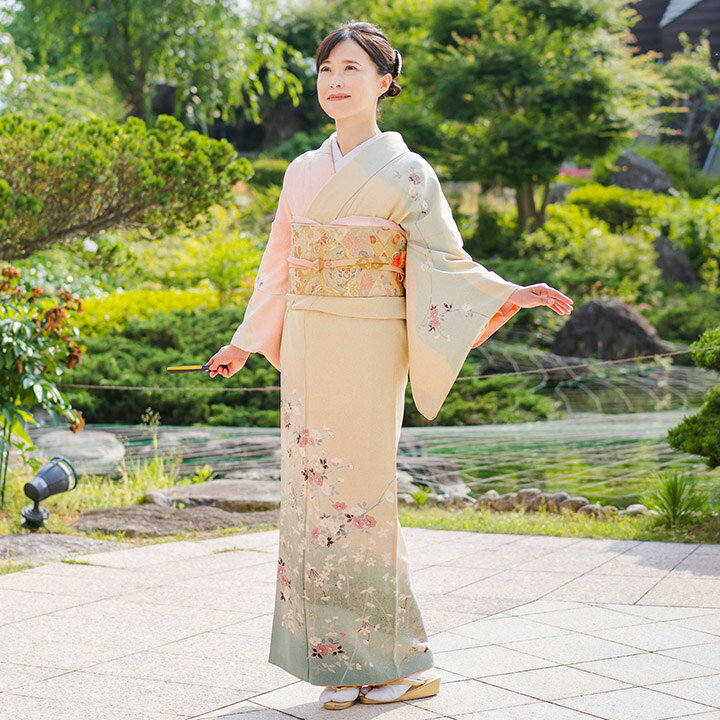 長尺□極上優美□桜の風景松竹梅に椿訪問着□濃淡水色 