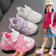 スニーカー ダンスシューズ キッズ靴 レディース 子供靴 ホワイトスニーカー パープル ダッドシューズ 幅…
