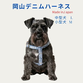 ハーネス 犬 胴輪 岡山デニム M・Lサイズ 中型犬用 約7~12kg小型犬用 約3～7kg足入れ構造 日本製 ストライプ 肌に優しい コットン100％ 首に優しい 抜けにくい 軽い 食い込まない