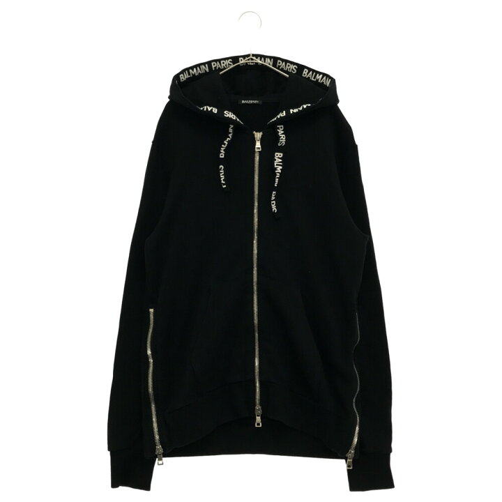超高品質で人気の BALMAIN バルマン サイズジップ パーカー ブラック バルマン BALMAIN メンズ トップス パーカー フーディー ロゴ 幾何学模様・サイドジップ・アグレットロゴ刻印入りジップパーカー ブラック TH13352 I243 EAB (R172000) 02S 春夏