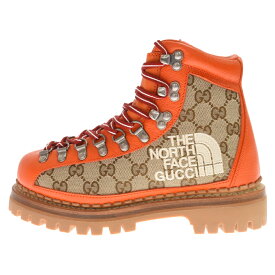 GUCCI(グッチ) サイズ:35 1/2 21AW×THE NORTH FACE Bottines ザノースフェイス GGロゴ 総柄レザーキャンバス エンジニアブーツ トレッキングブーツ ベージュ/オレンジ 679927【新古品/中古】【程度S】【カラーベージュ】【取扱店舗BRING京都河原町店】