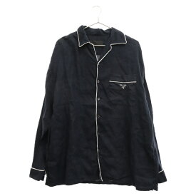 PRADA(プラダ) サイズ:XS 22AW Linen shirt リネンパイピングパジャマ長袖シャツ SC607 S221 11T7 ネイビー【中古】【程度A】【カラーネイビー】【取扱店舗BRING心斎橋店】