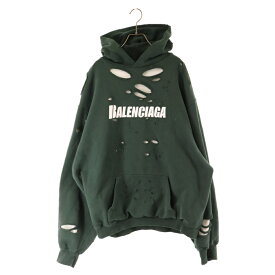 BALENCIAGA(バレンシアガ) サイズ:S 21SS デストロイ加工ロゴミディアムフリースパーカー グリーン 659403 TKVB6【中古】【程度B】【カラーグリーン】【取扱店舗原宿】