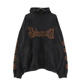 BALENCIAGA(バレンシアガ) サイズ:3 23AW ロゴプリントクラッシュ加工 プルオーバーフーディ パーカー ブラック 739024 TOVD8【中古】【程度SA】【カラーブラック】【取扱店舗原宿】