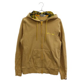 A BATHING APE(アベイシングエイプ) サイズ:M ロゴプリント フーディ チェック ジップアップ パーカー ベージュ【中古】【程度B】【カラーベージュ】【取扱店舗BRING THRIFT CLOSET】