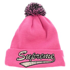 SUPREME(シュプリーム) ×New Era Snake Script Beanie×ニューエラ ロゴ刺繍 ニット帽 ビーニー ピンク【中古】【程度A】【カラーピンク】【オンライン限定商品】