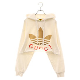 GUCCI(グッチ) サイズ:M ×adidas Cropped Hooded Sweatshirt×アディダス クロップド ロゴプリントプルオーバーパーカー ホワイト 688197 XJE7H【中古】【程度A】【カラーホワイト】【取扱店舗名古屋】