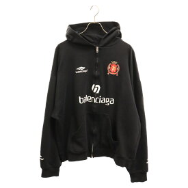 BALENCIAGA(バレンシアガ) サイズ:L SOCCER AOYAMA ZIPUP HOODIE サッカーシリーズ 青山ロゴ刺繍ジップアップフーディー パーカー ブラック 744457【中古】【程度B】【カラーブラック】【取扱店舗原宿】