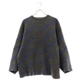 BALENCIAGA(バレンシアガ) サイズ:XS 20AW Allover Logo Knit Sweater 623283 T1567 ロゴニットスウェットセーター オーバーサイズ 総柄ロゴ グレー/ブルー【中古】【程度B】【カラーグレー】【取扱店舗BRING札幌店】