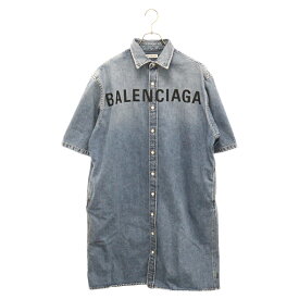 BALENCIAGA(バレンシアガ) サイズ:36 20SS Oversize Denim Dress ロゴ刺繍オーバーサイズ半袖デニムシャツワンピース インディゴ レディース 600150 THW25【中古】【程度A】【カラーブルー】【取扱店舗BRING梅田茶屋町店】