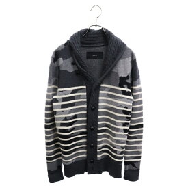 AKM(エーケーエム) サイズ:M CASHWOOL BORDER CAMO CARDIGAN カモフラ柄 ショールカーディガン ボーダー グレー【中古】【程度B】【カラーグレー】【取扱店舗渋谷】