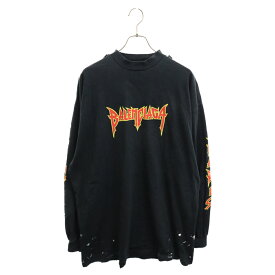 BALENCIAGA(バレンシアガ) サイズ:2 Metal Oversized Long Sleeve Tee 693949 TMV88 メタルロゴ オーバーサイズロングスリーブTシャツ ダメージ加工カットソー ブラック【中古】【程度B】【カラーブラック】【取扱店舗BRING渋谷ANNEX店】