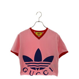 GUCCI(グッチ) サイズ:S 22SS × ADIDAS × アディダス クロップド ロゴプリント 半袖リンガーTシャツ カットソー ピンク/レッド 693637 XJEB1【中古】【程度A】【カラーピンク】【オンライン限定商品】