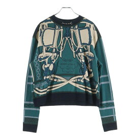 HERMES(エルメス) サイズ:38 23AW BRIDES de GALA ブリッド ドゥ ガラ ツイルレーヌ シルクスカーフ切り替え 長袖ニット セーター レディース 3H2816DH【中古】【程度B】【カラーグリーン】【オンライン限定商品】