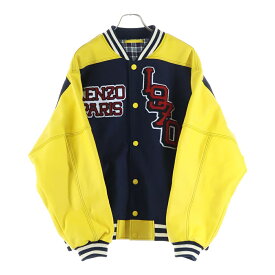 KENZO(ケンゾー) サイズ:L 22AW TIGER VARSITY LEATHER SLEEVE JACKET タイガーバーシティジャケット アームレザー切替 ブルゾン ネイビー/イエロー FC65BL1379OM【中古】【程度B】【カラーネイビー】【取扱店舗渋谷】