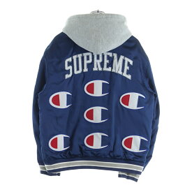 SUPREME(シュプリーム) サイズ:M 18AW ×Champion Hooded Satin Varsity Jacket チャンピオン フーデッドサテン ヴァーシティジャケット ブルゾンジャケット ネイビー【中古】【程度B】【カラーネイビー】【オンライン限定商品】