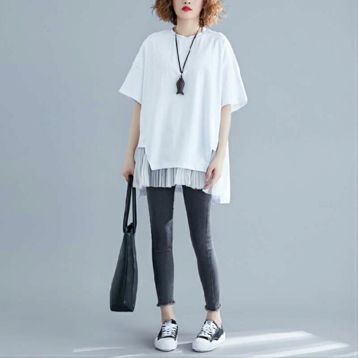 楽天市場 送料無料 半袖ロンt レディース 半袖tシャツ ロングtシャツ レース ロングブラウス ゆったり おしゃれ ビッグt ロンティー ティーシャツ チュニックワンピース ロングチュニック 白 トップス 春夏 速乾 ゆるtシャツ ビッグtシャツ 体型カバー ホワイト ブラック