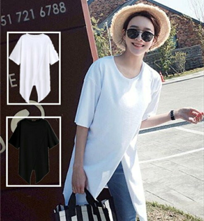 楽天市場 送料無料 半袖ロンt レディース 半袖tシャツ ロングtシャツ ロングブラウス ゆったり サイドスリット おしゃれ ビッグt ロンティー ティーシャツ チュニックワンピース 白 ビッグt トップス 春夏 速乾 ゆるtシャツ ビッグtシャツ 体型カバー S M L Xl 2xl