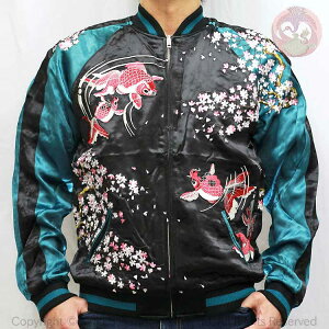 �X�J�W���� �ԗ��y�c �͂Ȃ��т������� �X�N���v�g ���Ƌ��� �h�J �X�J�W���� SKJ-004 �a�� �傫���T�C�YXXL "Clerry Blossom and Goldfish" Embroidered Sukajan