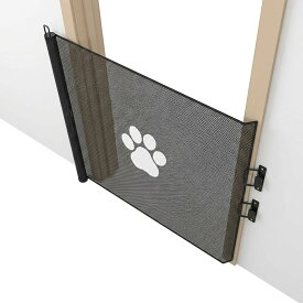 伸縮式ペットゲート ドアや階段対応 工具不要で簡単設置 丈夫なメッシュ構造 犬猫兼用の室内用柵 (足跡デザイン,110×78センチメートル) | 長さが自由に調整できる自動伸縮式ペットゲートです。工具