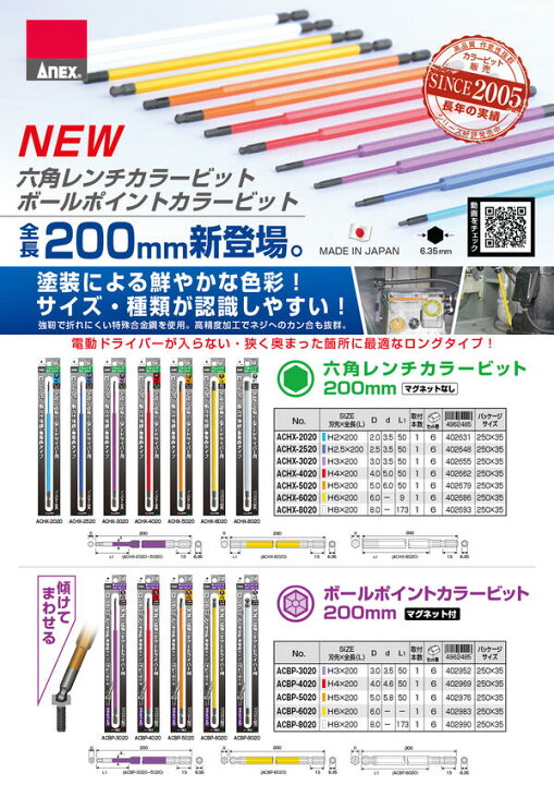 楽天市場 ａｎｅｘ カラービット ボールポイント 2mm H2x100 耐久性抜群 長寿命タイプ 色分けで先端サイズ識別 傾けて回せる 六角穴付小ねじ対応 家具 機械 設備 組立 プロ用 Diy用 電動用ビット 充電ドライバー 電動ドライバー 高品質 日本製 Acbp 10 兼古製作所