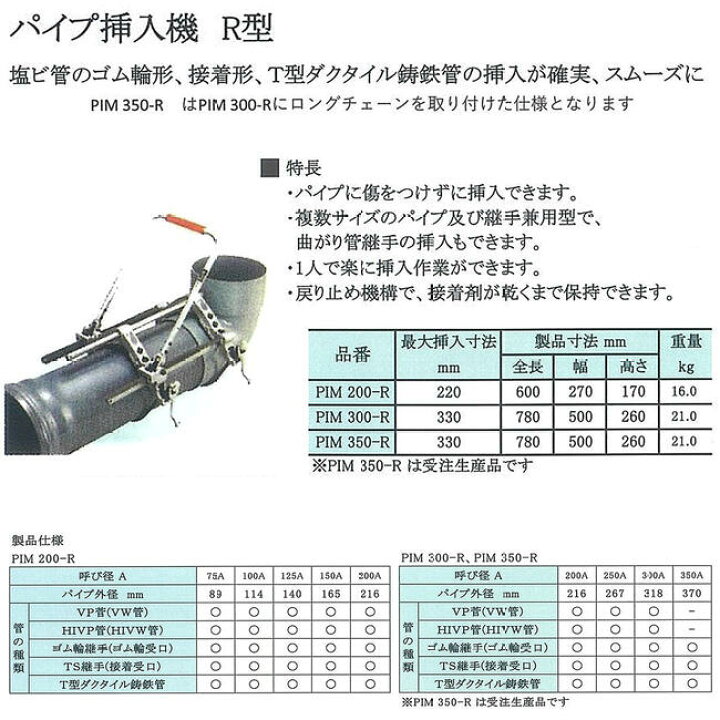 楽天市場】HIT パイプ挿入機R型 最大挿入寸法 220mm パイプ接合 挿入機 