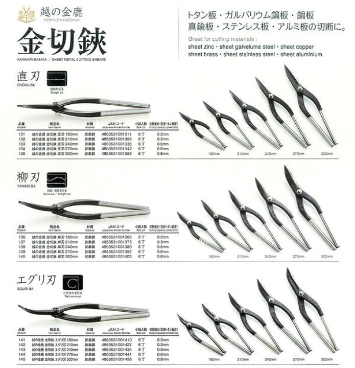 楽天市場】越の金鹿 直刃 金切鋏 240mm 直線切りに最適 ストレート 