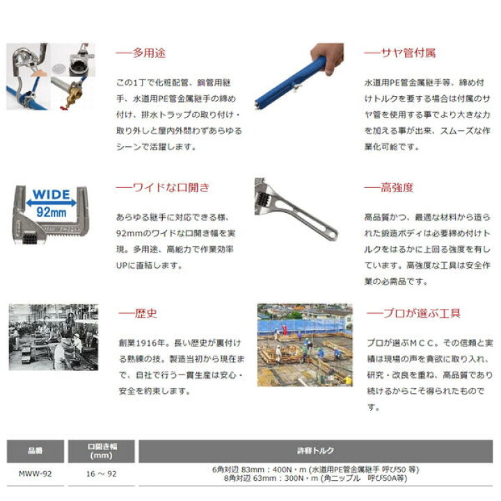 楽天市場 Mcc メタルワイドレンチ92 サヤ管付き 化粧配管 鋼管用継手 水道用pe管金属継手 排水トラップ 特殊メタル鍛造製 兼用型レンチ い高精度 配管用工具 プロ 水道 ガス 配管 ワイドレンチ 配管道具 Mww 92 松阪鉄工所 作業工具の専門店queen Bee